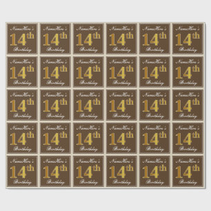 Papier Cadeau Élégant, Marron, Or Faux 14e Anniversaire + Nom
