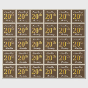 Papier Cadeau Elégant, Marron, Or Faux 20ème Anniversaire + Nom