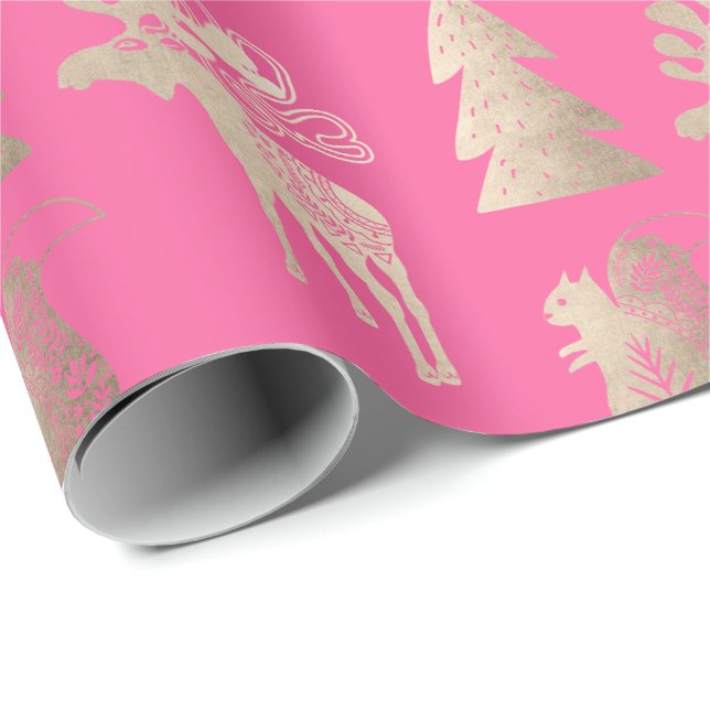 Papier Cadeau Élégant mignon rose or motif de Noël (Coin rond)