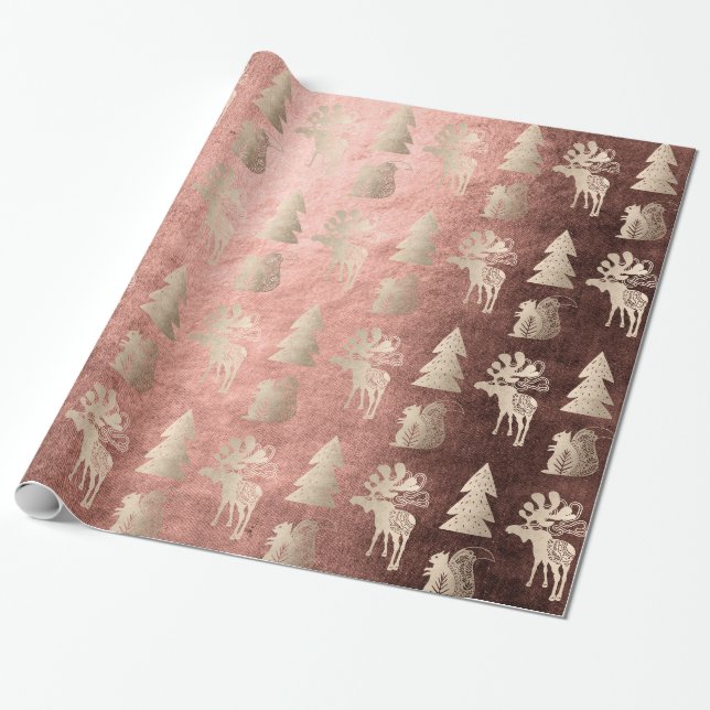Papier Cadeau Élégant mignon rose or motif de Noël (Déroulé)