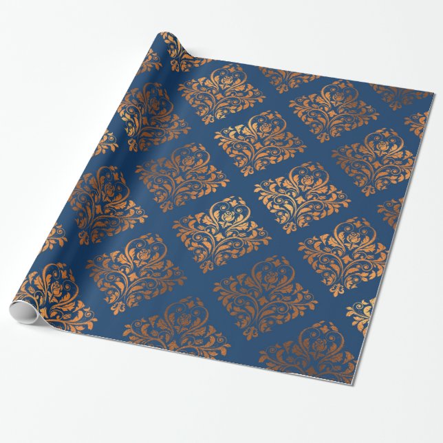 Papier Cadeau Elégant modèle bleu cuivre or Damask de la marine (Déroulé)