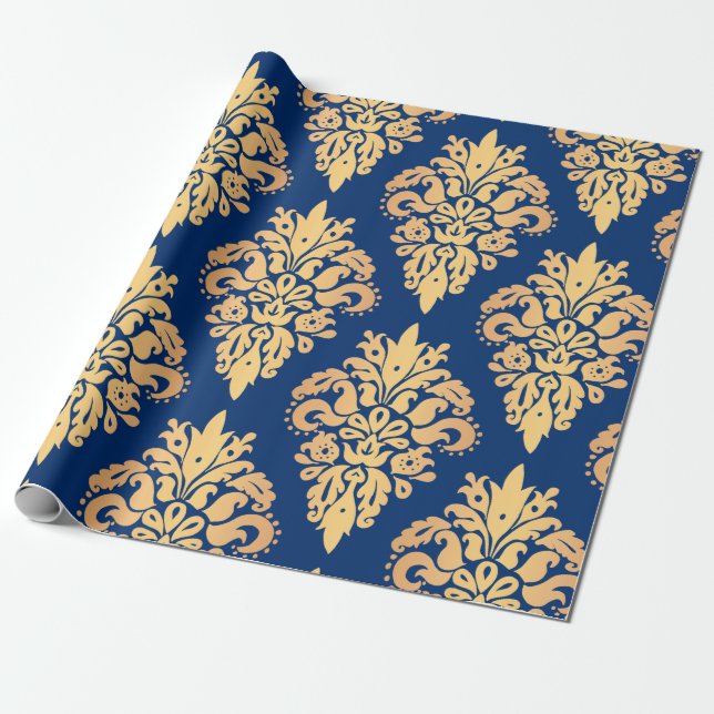 Papier Cadeau Elégant modèle bleu et or classique Damask (Déroulé)