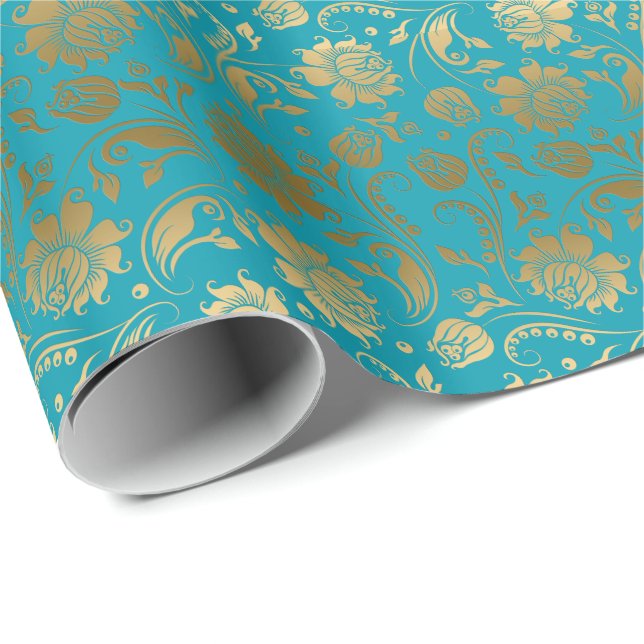 Papier Cadeau Elégant modèle floral or et turquoise (Coin rond)