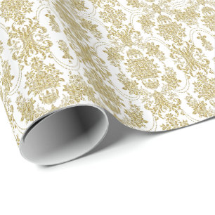 Papier Cadeau Élégant modèle floral Orné Or & Blanc