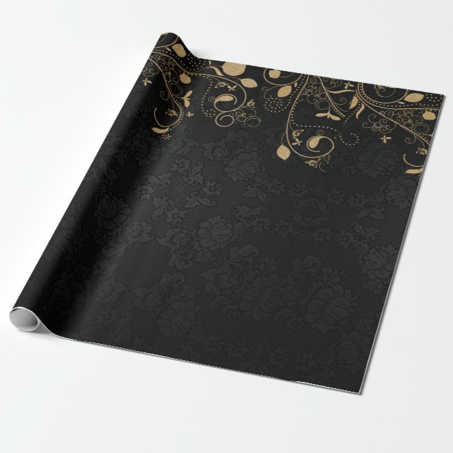 Papier Cadeau Elégant modèle noir et or Damask (Déroulé)