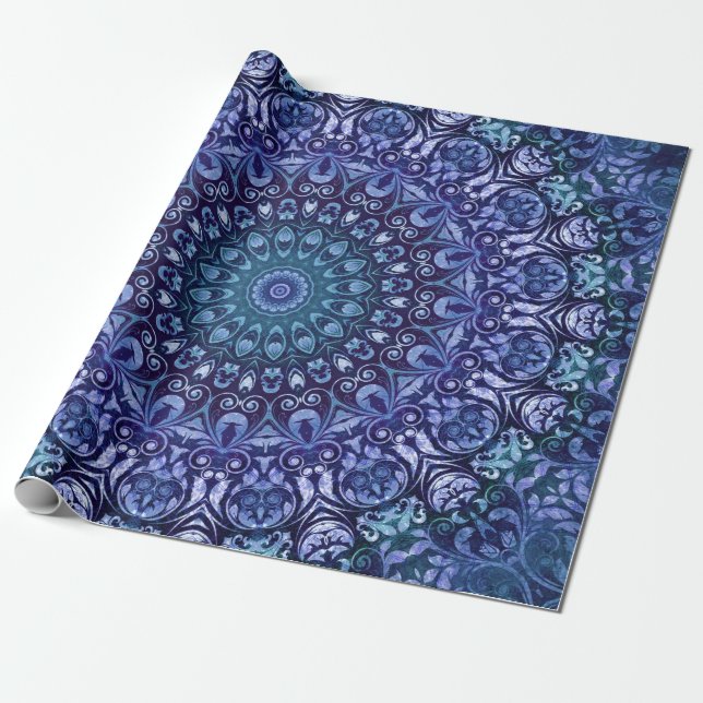 Papier Cadeau Elégant modèle Royal Blue Floral Damask (Déroulé)