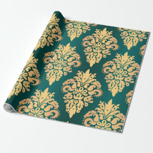 Papier Cadeau Élégant modèle Turquoise Green Gold Classic Damask