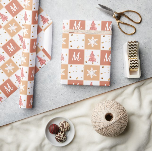 Papier Cadeau Élégant Monogram Copper Rose Gold & Rose Noël (Artisanat)