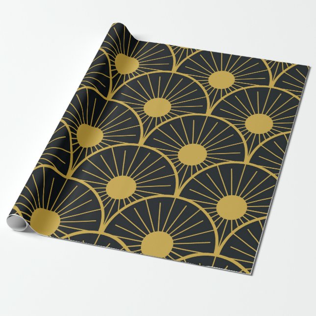 Papier Cadeau Elégant Motif Art Déco Gold Sun sur Noir (Déroulé)