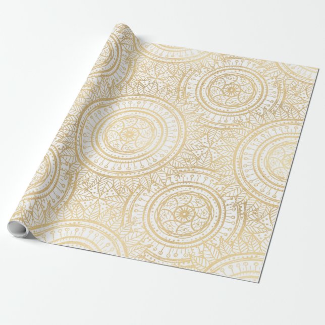 Papier Cadeau Élégant Motif blanc de tournesol Mandala Gold (Déroulé)