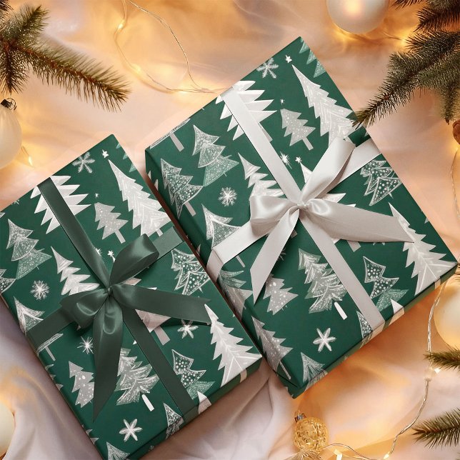 Papier Cadeau Élégant Motif d'arbre de Noël gris vert (Créateur téléchargé)