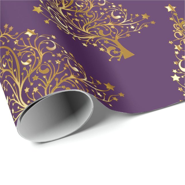 Papier Cadeau Élégant Motif d'arbre de Noël pourpre doré (Coin rond)