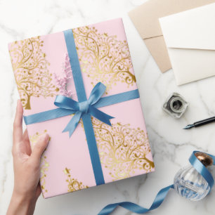 Papier Cadeau Élégant Motif d'arbre de Noël rose et or