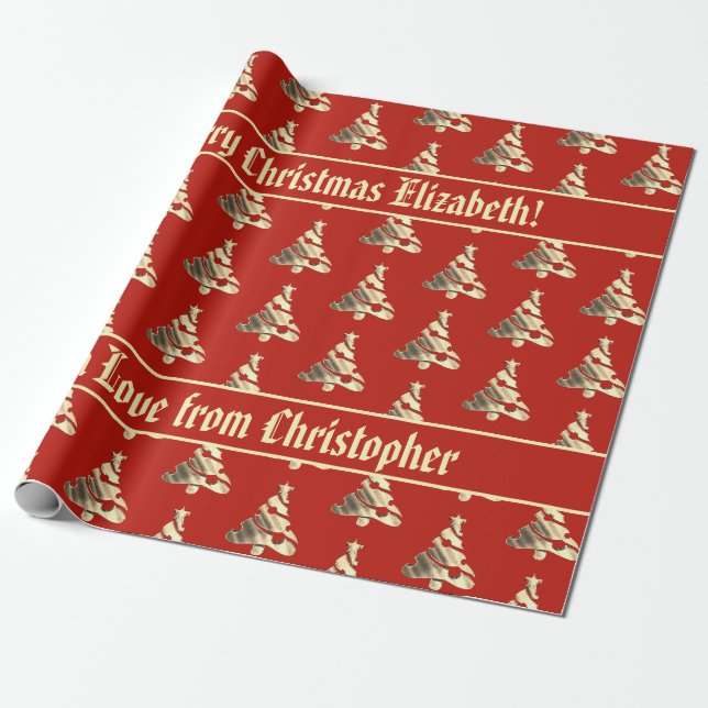 Papier Cadeau Élégant Motif d'arbre de Noël Rouge et Faux Or (Déroulé)