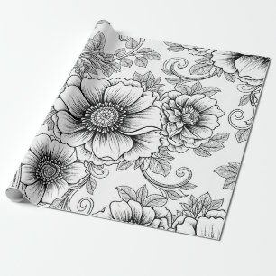 Papier Cadeau Élégant motif d'art en ligne florale noir et blanc