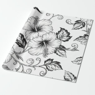 Papier Cadeau Élégant motif d'art en ligne florale noir et blanc