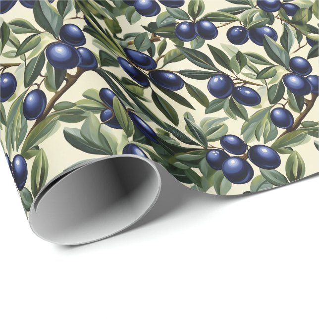 Papier Cadeau Élégant Motif de branche d'olivier avec des olives (Coin rond)