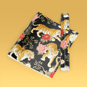 Papier Cadeau Élégant motif de chinoiserie noir avec tigre et pi