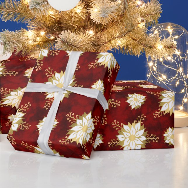 Papier Cadeau Élégant Motif de fleurs rouge or blanc Poinsettia (Vacances)