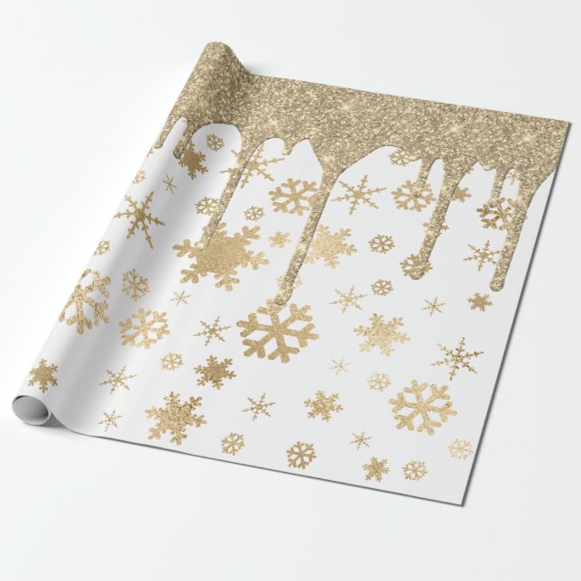Papier Cadeau Élégant Motif de flocon de neige de Noël Gold (Déroulé)