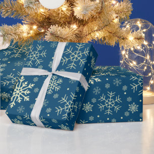 Papier Cadeau Élégant Motif de flocon de neige Gold & Blue Chris