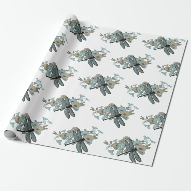 Papier Cadeau Élégant Motif de libellules (Déroulé)