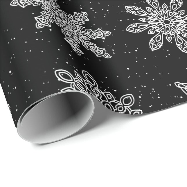 Papier Cadeau Élégant Motif de Noël de Flambeau de neige noir et (Coin rond)