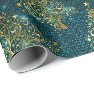 Papier Cadeau Élégant Motif de Noël Gold & Blue Parties scintill