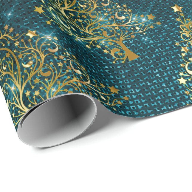 Papier Cadeau Élégant Motif de Noël Gold & Blue Parties scintill (Coin rond)
