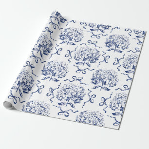 Papier Cadeau Élégant motif de nœud d'hortensia bleu blanc vinta