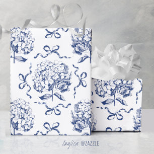 Papier Cadeau Élégant motif de nœud d'hortensia bleu blanc vinta