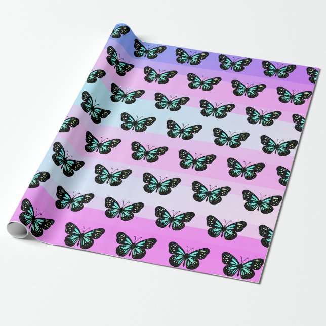 Papier Cadeau Élégant Motif de papillon bleu et noir (Déroulé)