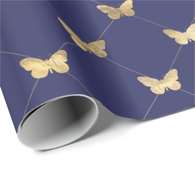 Papier Cadeau Élégant Motif de papillon bleu marine (Coin rond)
