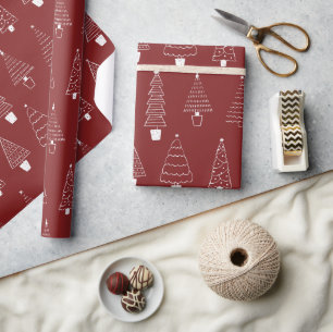 Papier Cadeau Élégant Motif de pin de Noël rouge canneberge