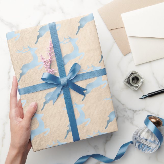 Papier Cadeau Élégant motif de rennes de Noël bleu bébé (Cadeaux)