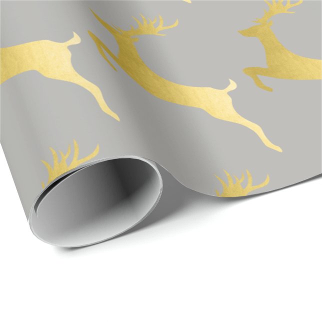 Papier Cadeau Élégant Motif de rennes de Noël gris or (Coin rond)
