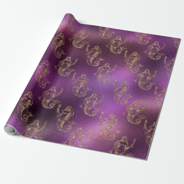 Papier Cadeau Élégant Motif de sirène d'or violet métallique bri (Déroulé)