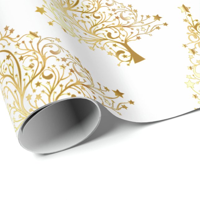 Papier Cadeau Élégant Motif d'or et d'arbre de Noël blanc (Coin rond)