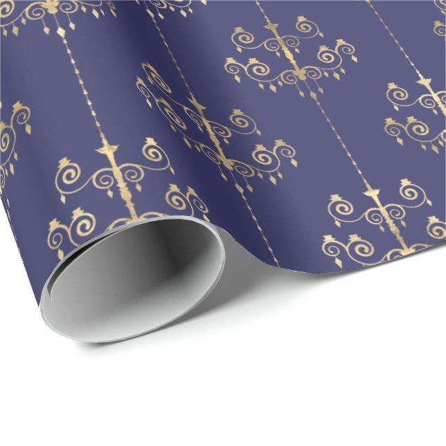 Papier Cadeau Élégant Motif en or bleu de la marine Glam (Coin rond)