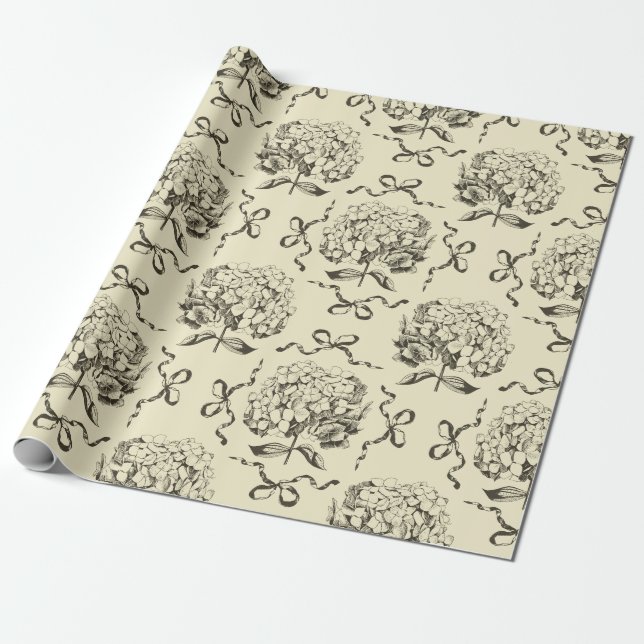 Papier Cadeau Élégant Motif en toile beige Preppy Hydrangea Bow (Déroulé)