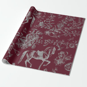 Papier Cadeau Élégant motif floral cheval gris burgundy vintage