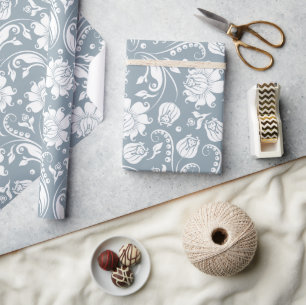 Papier Cadeau Elégant motif floral damassé blanc et bleu-gris