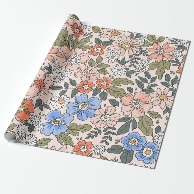 Papier Cadeau Elégant motif floral dans les petites fleurs dessi (Déroulé)
