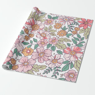 Papier Cadeau Elégant motif floral dans petite fleur dessinée à 
