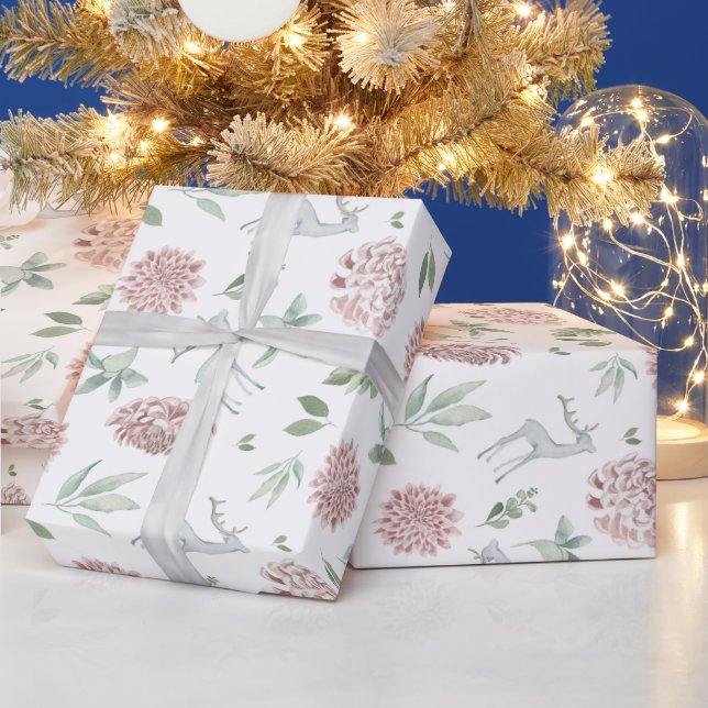 Papier Cadeau Elégant motif floral de Noël avec cerf (Vacances)