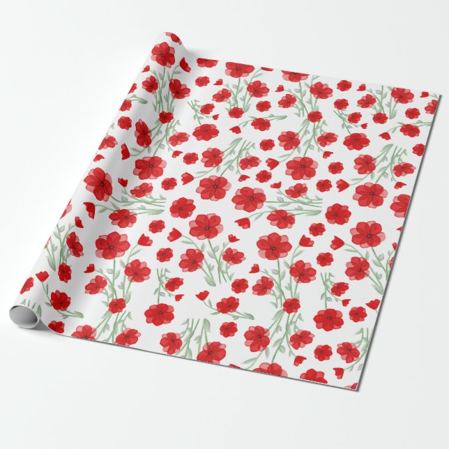 Papier Cadeau Elégant motif floral de pavot rouge Aquarelle (Déroulé)