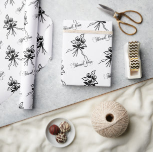 Papier Cadeau Elégant Motif Floral Noir/Blanc Merci Occasion