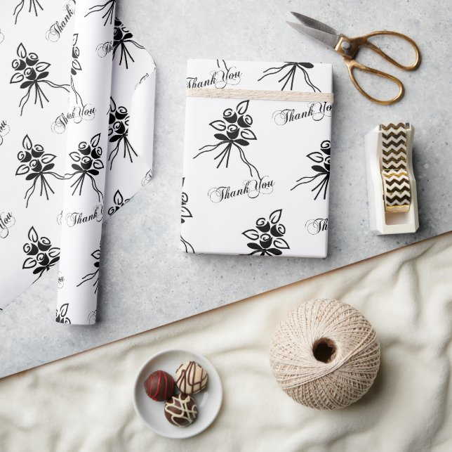 Papier Cadeau Elégant Motif Floral Noir/Blanc Merci Occasion (Artisanat)