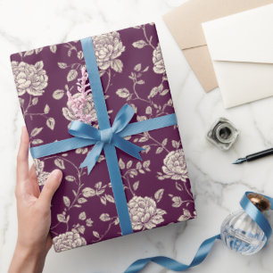 Papier Cadeau Élégant motif floral prune rose ivoire