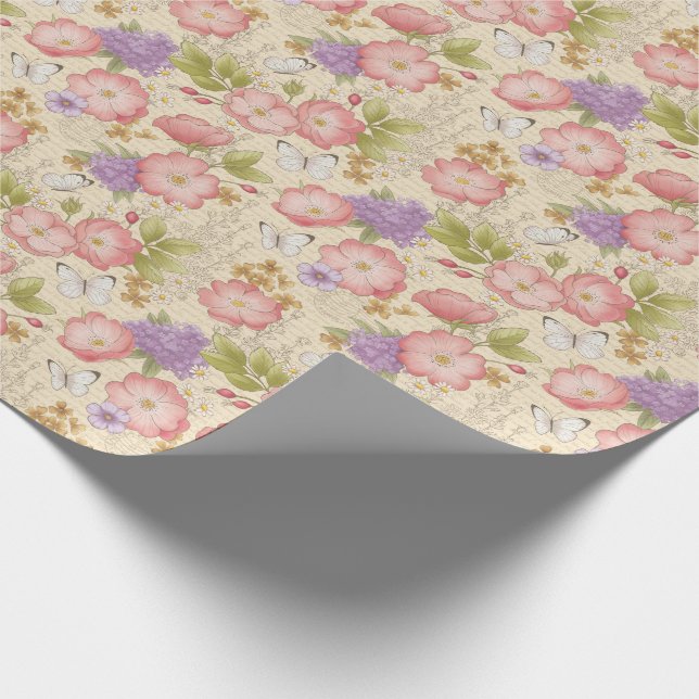 Papier Cadeau Élégant motif floral rose Vintage (Coin)